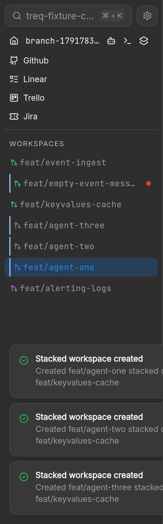 Sidebar after three new agent workspaces appear